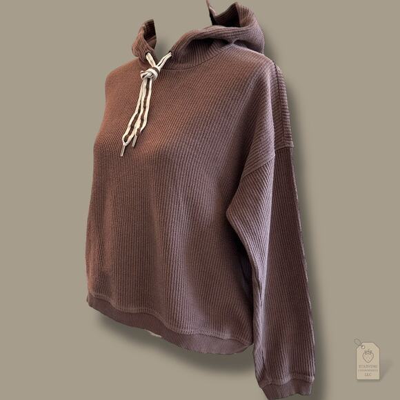 Aerie 100% Cotton Ribbed Knit Hoodie Brown Taupe S Cozy Fall Neutral - Picture 4 of 8